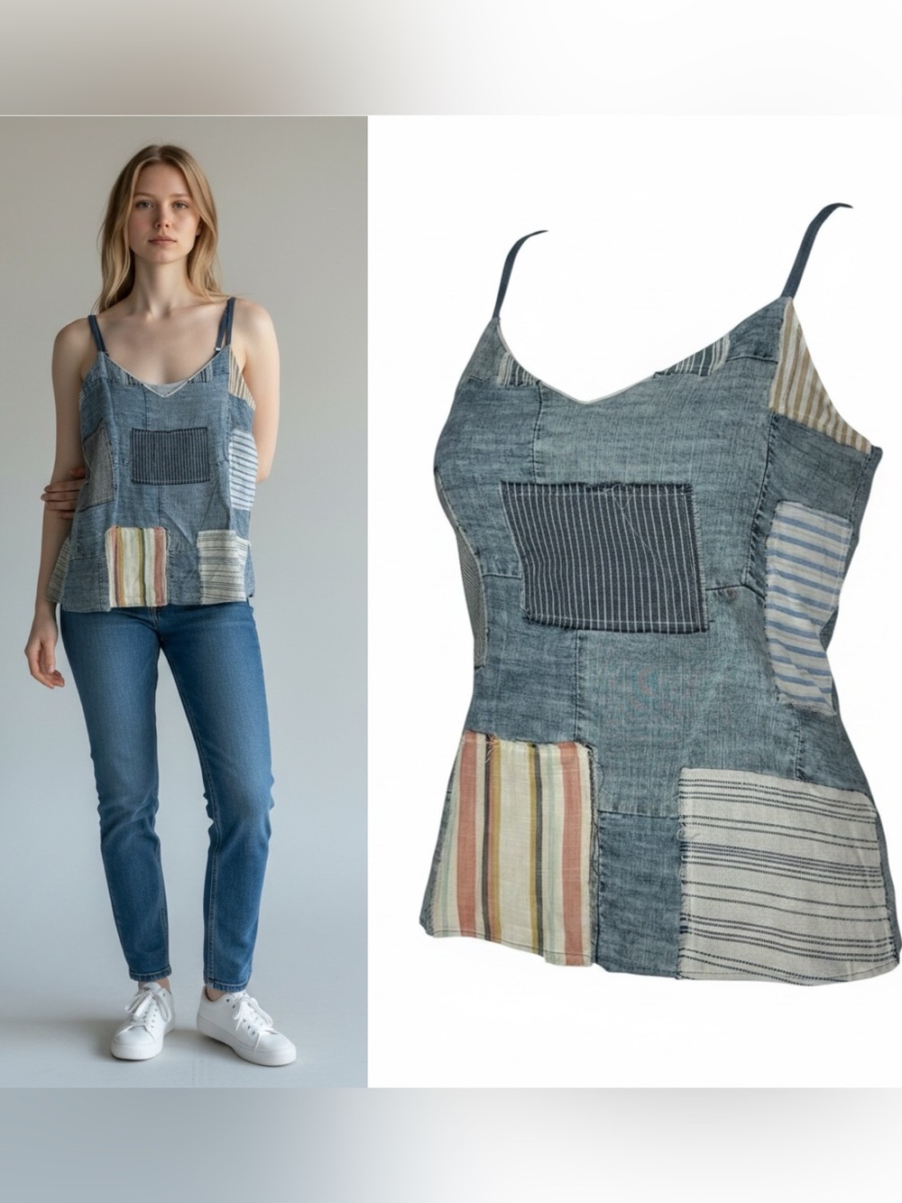 NWT Drew Baylor Patchwork Denim Blend Cami Tank S